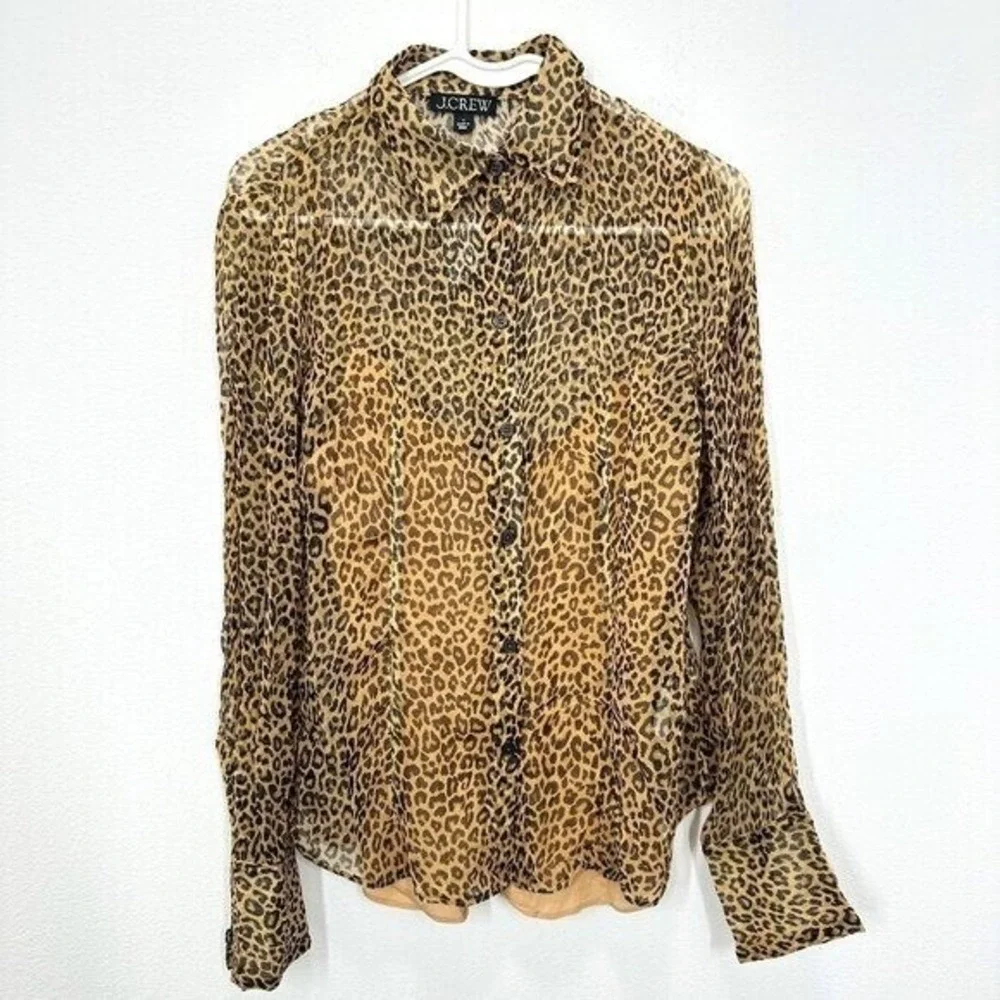 J. Crew Women's Size 4‎ Sheer Leopard Print Crinkle Chiffon Button Up Blouse NWT
